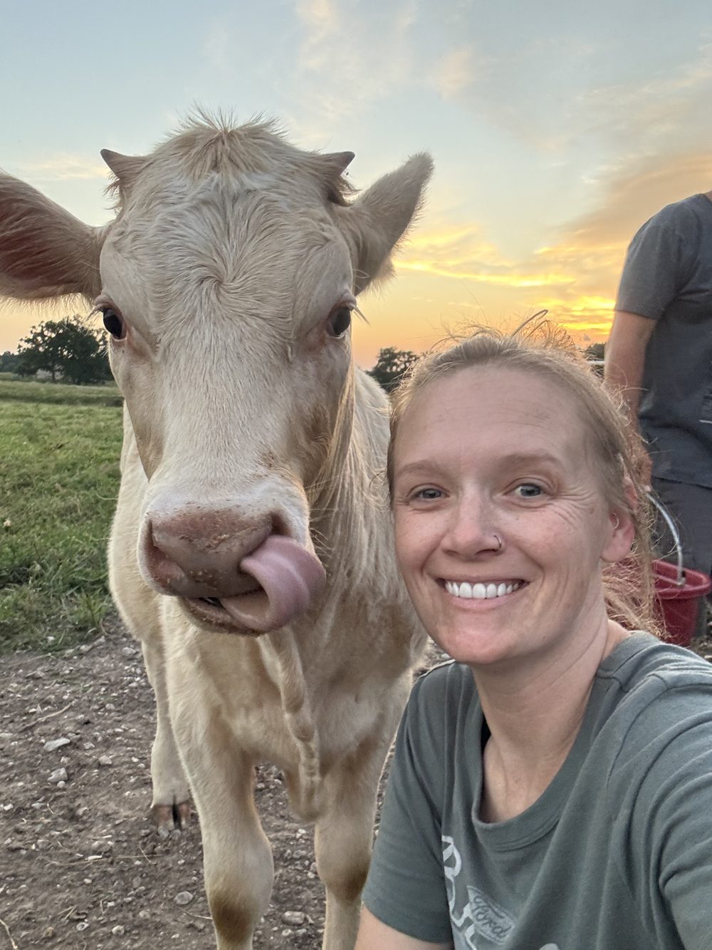 DeNora smiling in a sunset selfie with Marigold, a cream-colored calf licking her nose