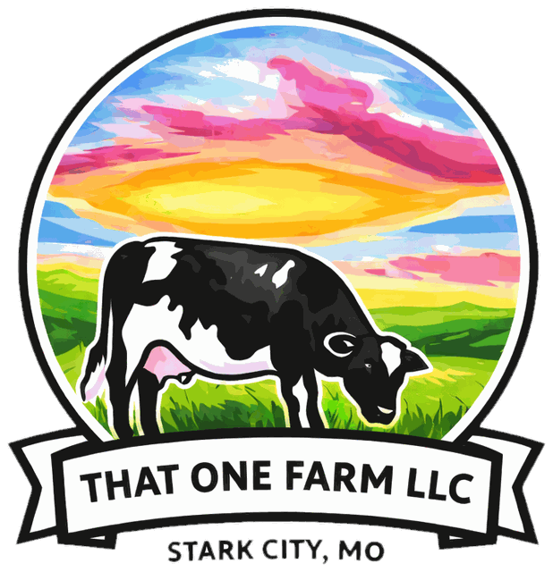 That One Farm LLC logo: a cow grazing under a colorful sunset